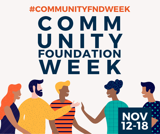 A graphic for Celebration of Community Foundation Week depicting simplified caricatures of people greeting one another.