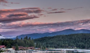 The sun sets on the shores of Lake Pend Oreille, East Hope, Idaho.