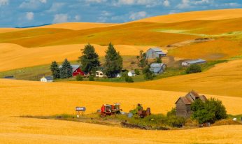 Clouds above farm house on wheat field, Palouse, eastern Washington State, USA